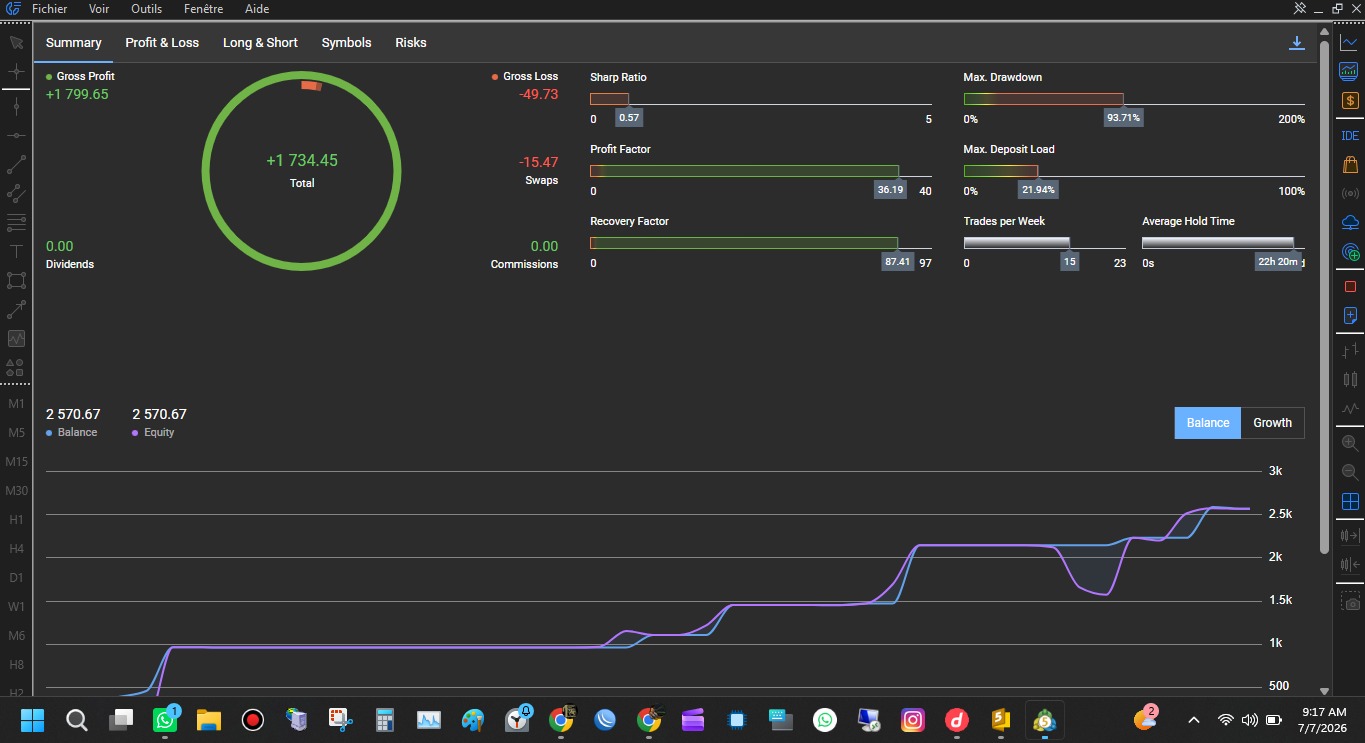 Rapport MetaTrader 5 : profit brut, perte brute, facteur de profit et drawdown maximal